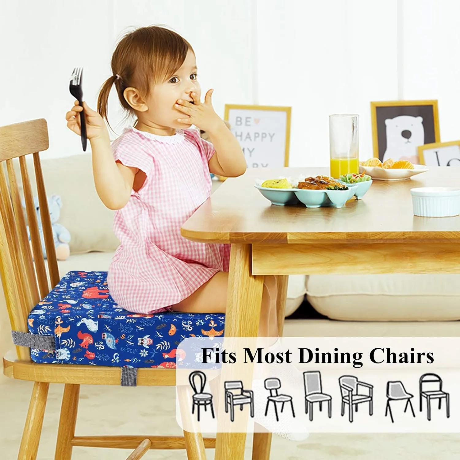 Dining Chair Heightening Cushion Portable Dismountable Adjustable Highchair Booster for Baby Toddler Kids Infant Washable Thick Chair Seat Pad Mat (Blue Bear)