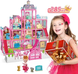 Dolls House for Girls 3-5 DIY Pink Dollshouses with 4 Stories 13 Rooms Deluxe Villa Toy with 1 Doll, Slide, Dogs, Furniture, Bedroom, Kitchen, 285 PCS Dreamy House Toy Gift for Kids Girls Ages 3 4 5 6