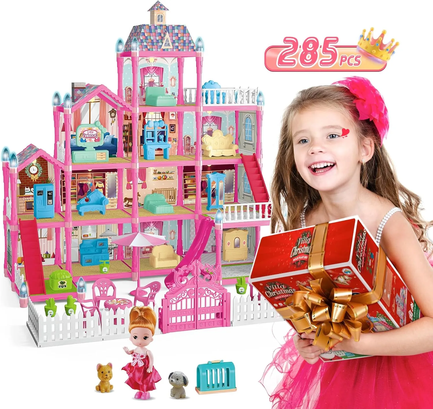 Dolls House for Girls 3-5 DIY Pink Dollshouses with 4 Stories 13 Rooms Deluxe Villa Toy with 1 Doll, Slide, Dogs, Furniture, Bedroom, Kitchen, 285 PCS Dreamy House Toy Gift for Kids Girls Ages 3 4 5 6