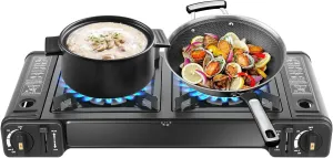 Double Burner Camping Stove, Outdoor Camping Stove Kit with Grill Tray and Storage Case, Portable Piezoelectric Ignition Camping Burner for Camping Traveling Hiking Picnicking Terrace Barbecue Parties