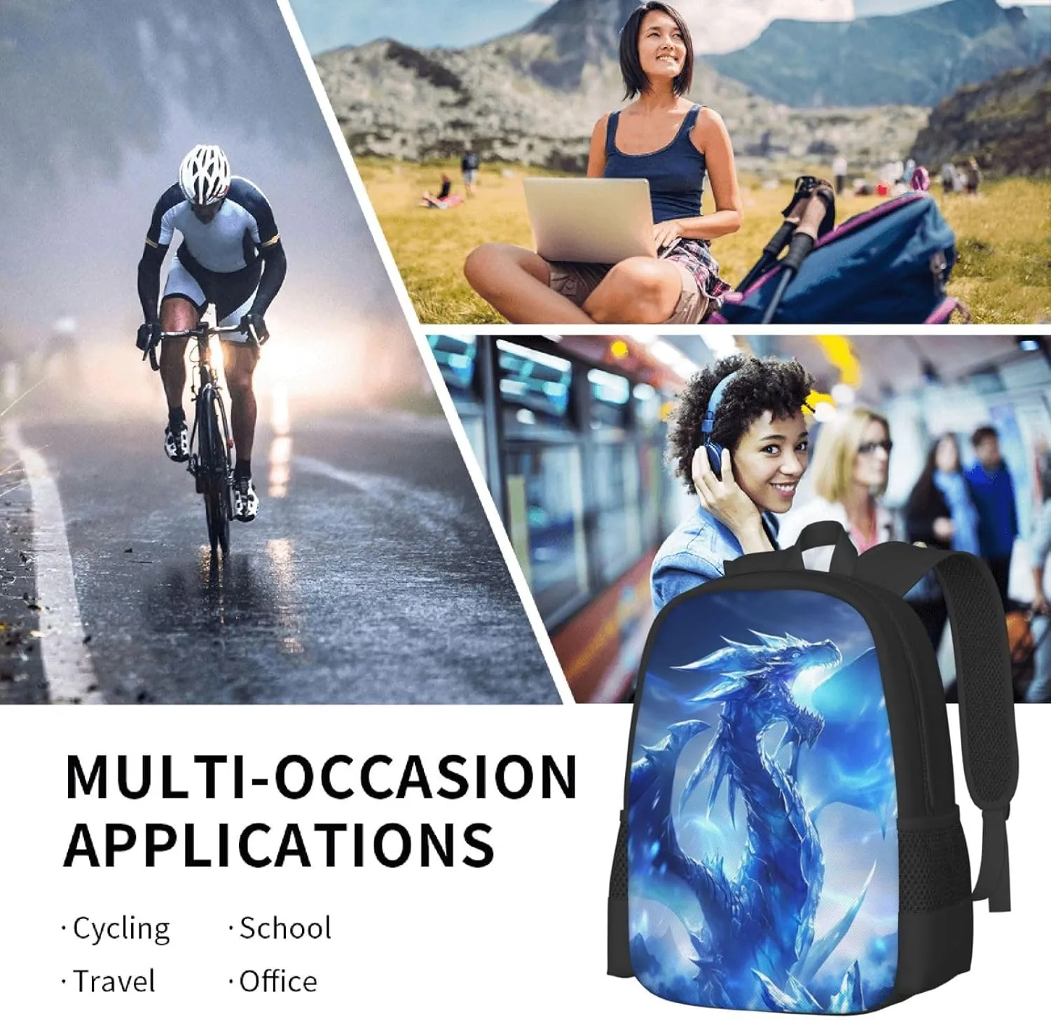 Dragon Backpack, Simple and Aesthetic Bookbag for Women & Men, Lightweight Adjustable Black Backpack for Travel Outdoor Sports, Large Capacity Laptop Bag for Business Office