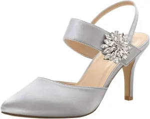 ERIJUNOR Mid Heel Shoes for Women Pointed Toe Slingback Rhinestone Brooch Satin Dress Pumps Evening Prom Wedding Shoes