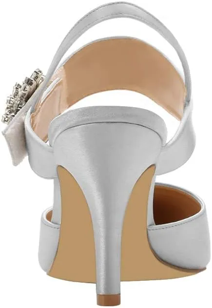 ERIJUNOR Mid Heel Shoes for Women Pointed Toe Slingback Rhinestone Brooch Satin Dress Pumps Evening Prom Wedding Shoes