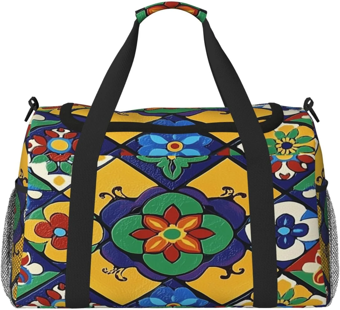Ethnic Flower Tile Pattern Travel Duffel Bag with Strap Multi Pockets Sports Bag Handbag Large Shoulder Bag for Gym Weekend Fitness Camping