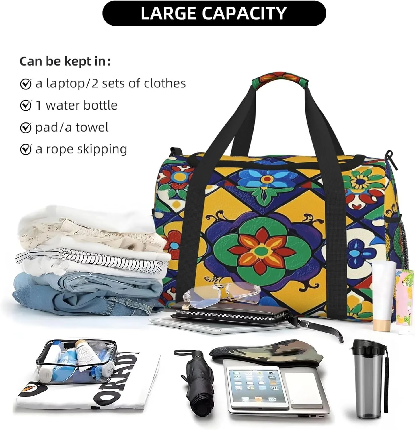 Ethnic Flower Tile Pattern Travel Duffel Bag with Strap Multi Pockets Sports Bag Handbag Large Shoulder Bag for Gym Weekend Fitness Camping