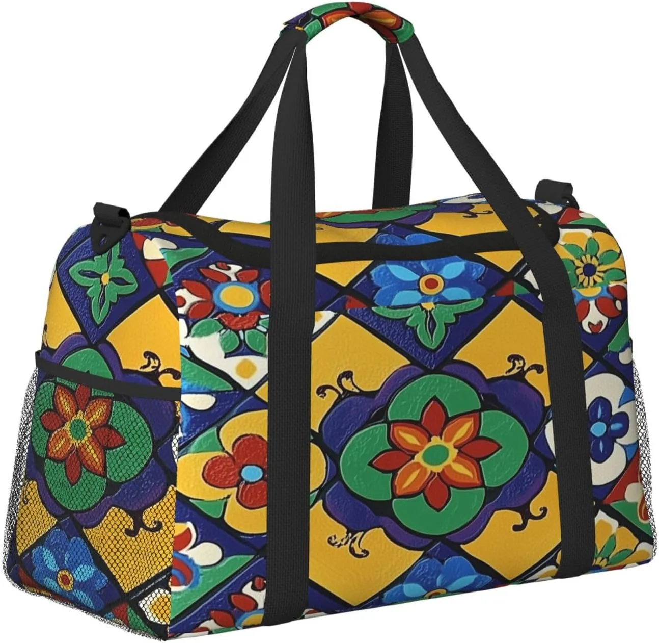 Ethnic Flower Tile Pattern Travel Duffel Bag with Strap Multi Pockets Sports Bag Handbag Large Shoulder Bag for Gym Weekend Fitness Camping