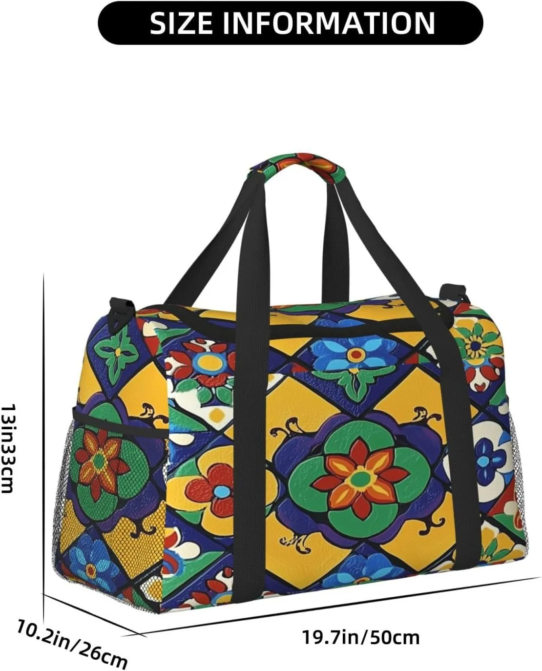 Ethnic Flower Tile Pattern Travel Duffel Bag with Strap Multi Pockets Sports Bag Handbag Large Shoulder Bag for Gym Weekend Fitness Camping