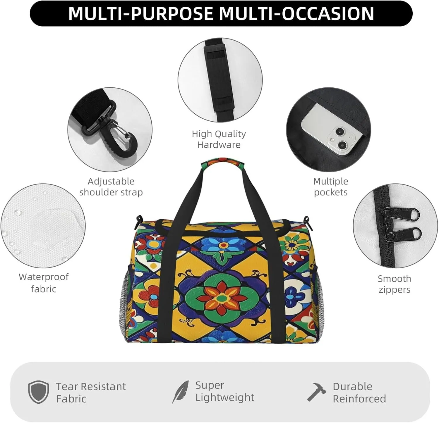 Ethnic Flower Tile Pattern Travel Duffel Bag with Strap Multi Pockets Sports Bag Handbag Large Shoulder Bag for Gym Weekend Fitness Camping
