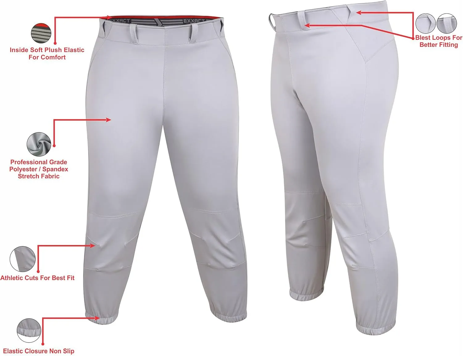 Exxact Sports Girls Softball Pants Knicker/Yoga Style Knee Length, 4-Way Stretch Low Rise Youth Softball Pants for Girls