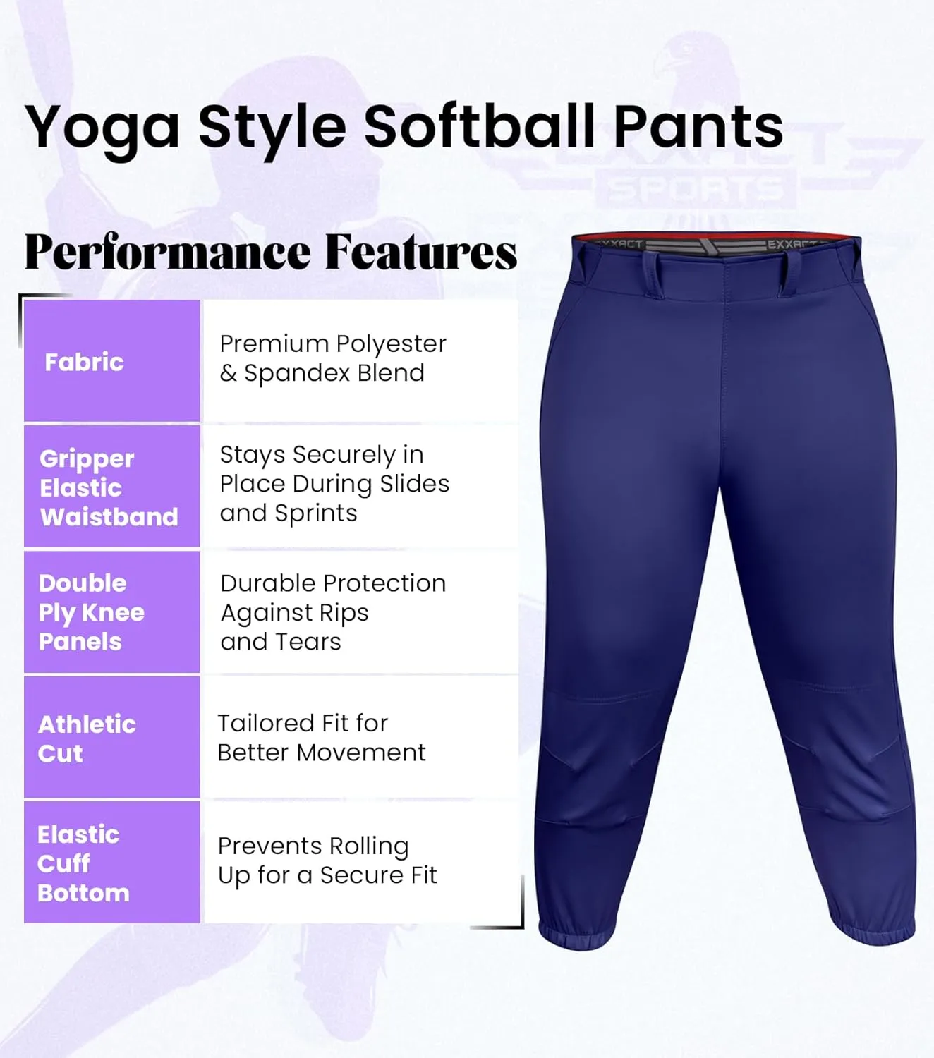Exxact Sports Womens Softball Pants Knicker/Yoga Style Knee Length, 4-Way Stretch Low Rise Softball Pants for Women