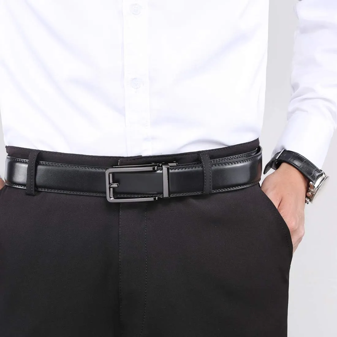Founders & C Men's Leather Ratchet Comfort Click Belt Dress with Slide Buckle -Adjustable Trim to Fit