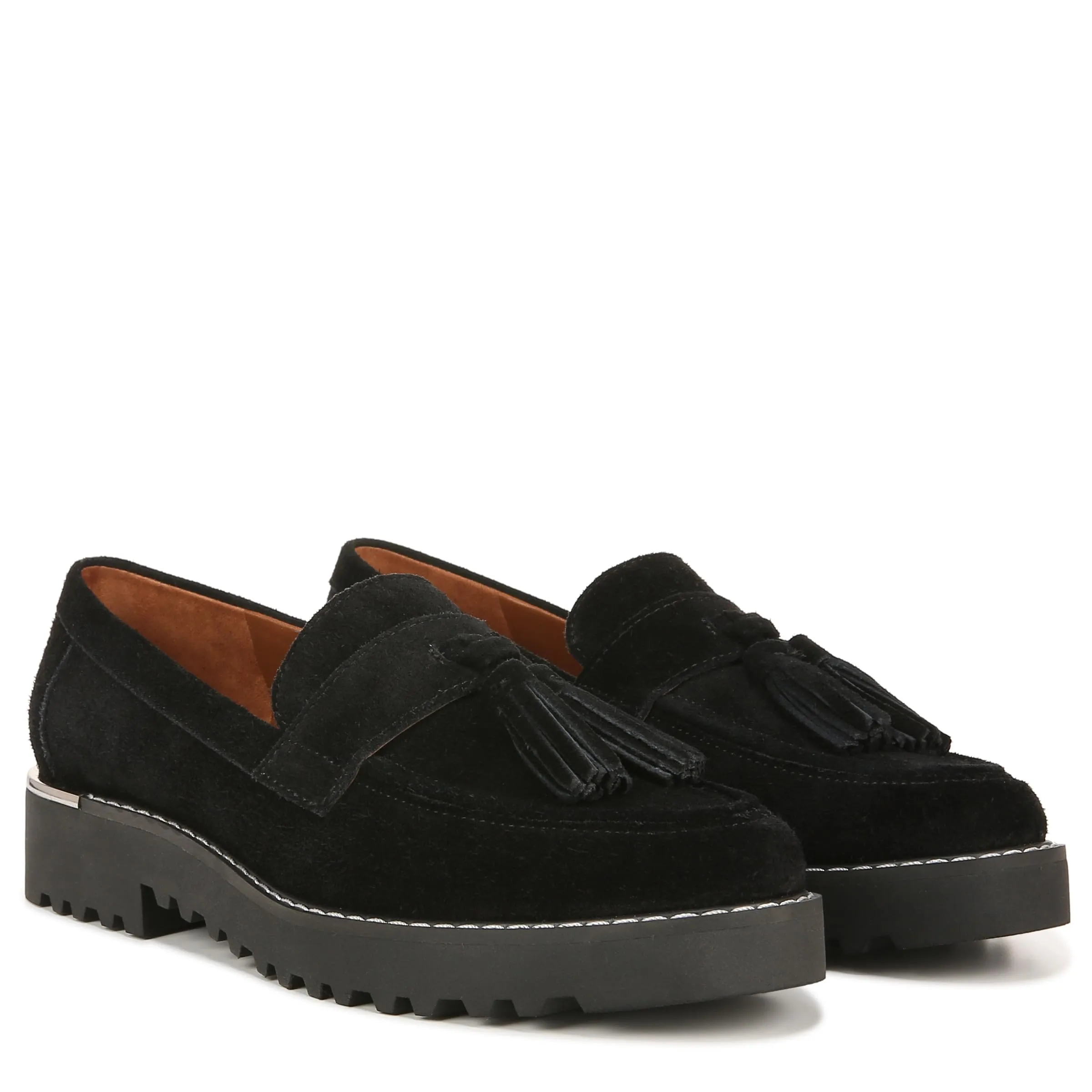 Franco Sarto Womens Carolynn Lug Sole Loafer with Tassel Detail , Black Suede, 6.5 M