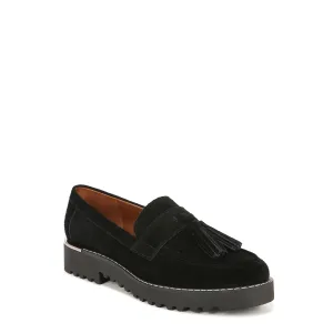 Franco Sarto Womens Carolynn Lug Sole Loafer with Tassel Detail , Black Suede, 6.5 M