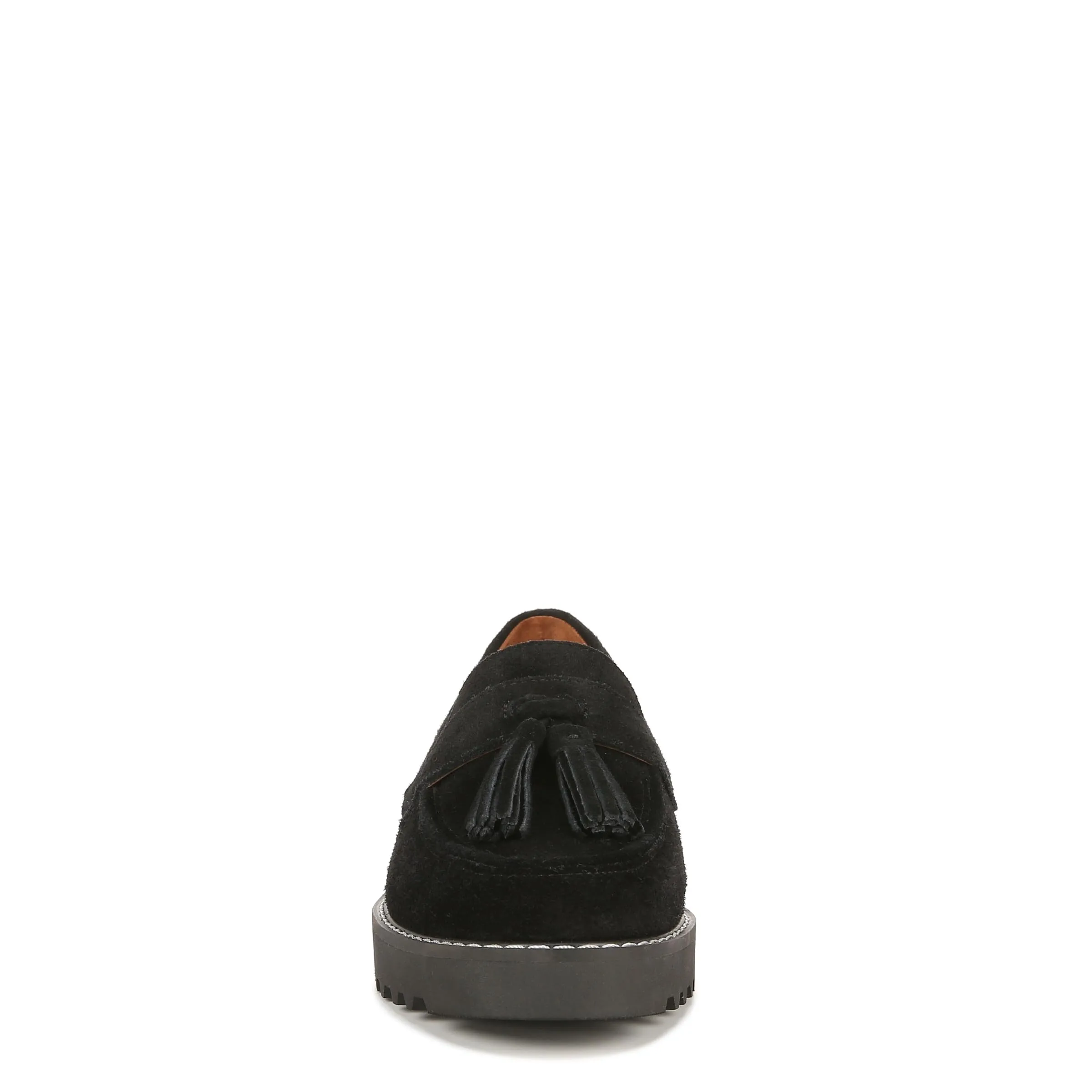 Franco Sarto Womens Carolynn Lug Sole Loafer with Tassel Detail , Black Suede, 8 M