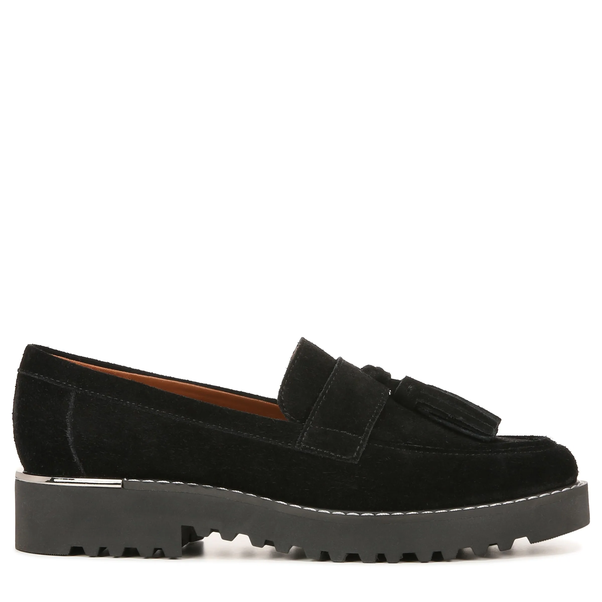 Franco Sarto Womens Carolynn Lug Sole Loafer with Tassel Detail , Black Suede, 8 M