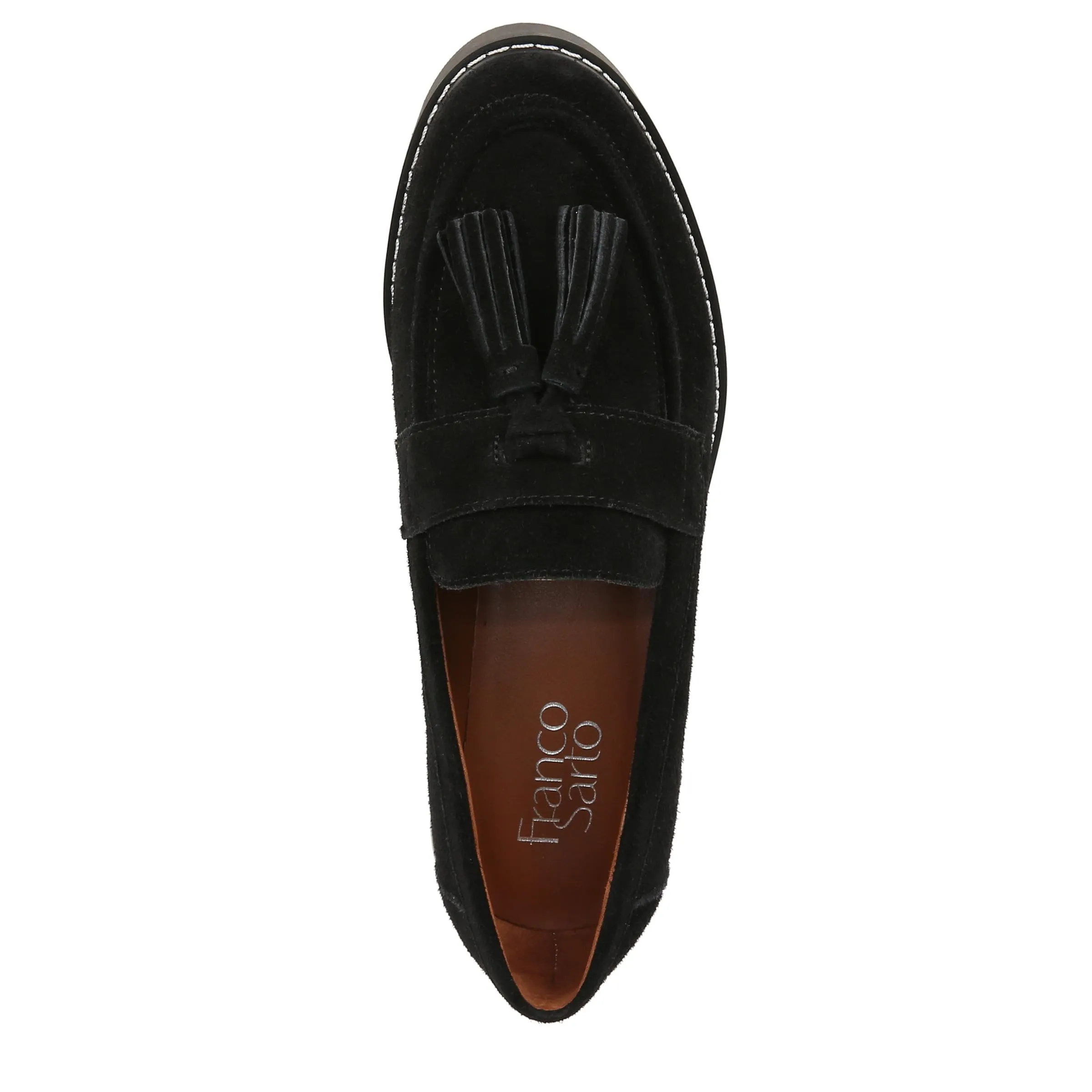 Franco Sarto Womens Carolynn Lug Sole Loafer with Tassel Detail , Black Suede, 8 M