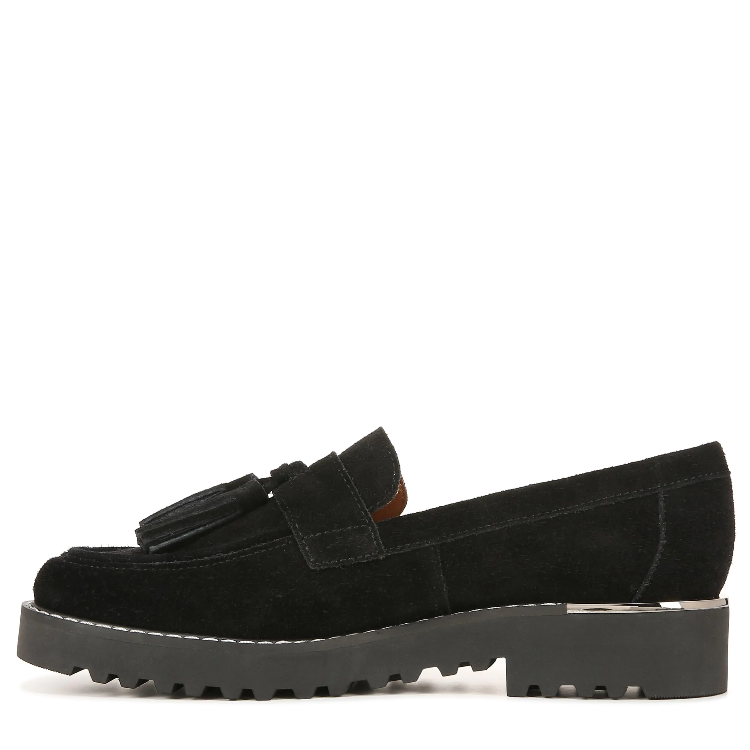 Franco Sarto Womens Carolynn Lug Sole Loafer with Tassel Detail , Black Suede, 8 M