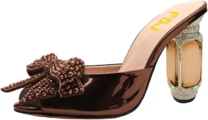 FSJ Women Luxury Crystal Chunky Heeled Mules Rhinestone Bow Peep Toe Slip On Backless Gem Slide Sandals Summer Slipper Shoes Size 4-15 US