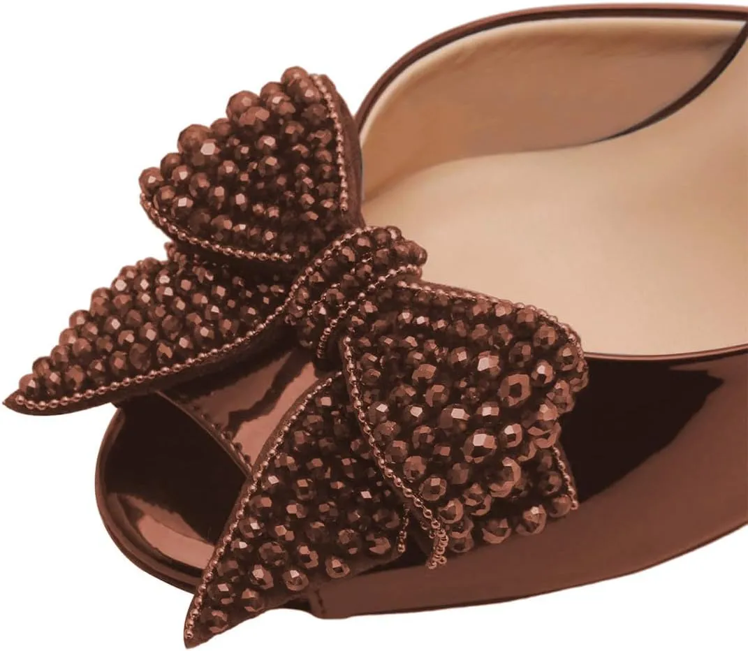 FSJ Women Luxury Crystal Chunky Heeled Mules Rhinestone Bow Peep Toe Slip On Backless Gem Slide Sandals Summer Slipper Shoes Size 4-15 US