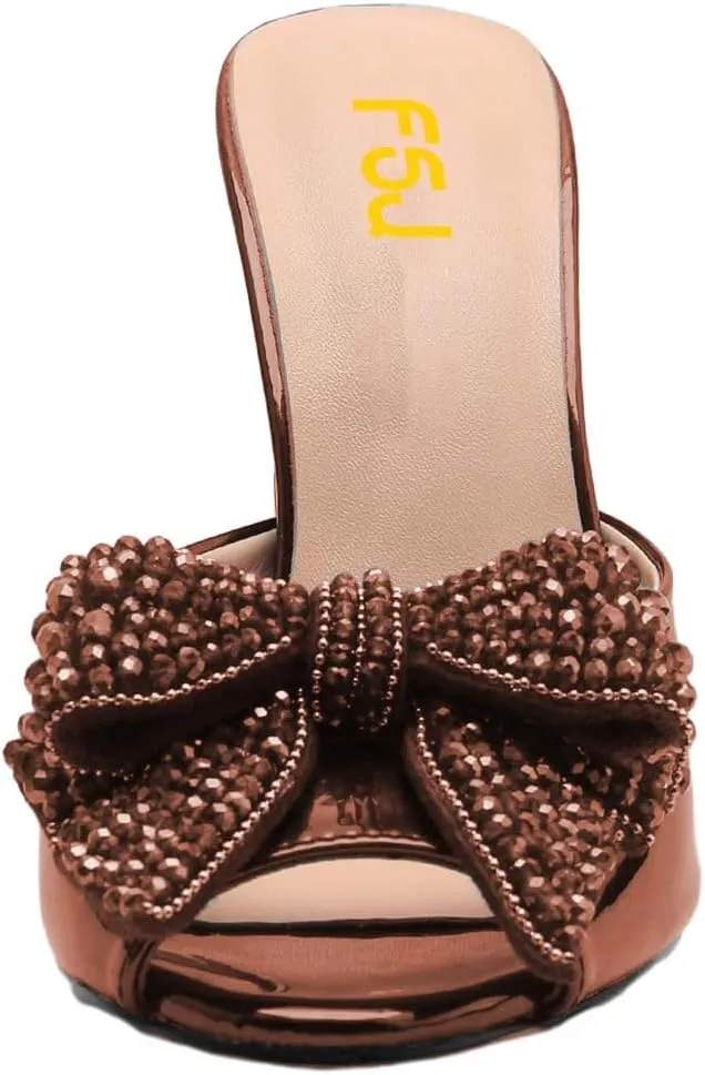 FSJ Women Luxury Crystal Chunky Heeled Mules Rhinestone Bow Peep Toe Slip On Backless Gem Slide Sandals Summer Slipper Shoes Size 4-15 US