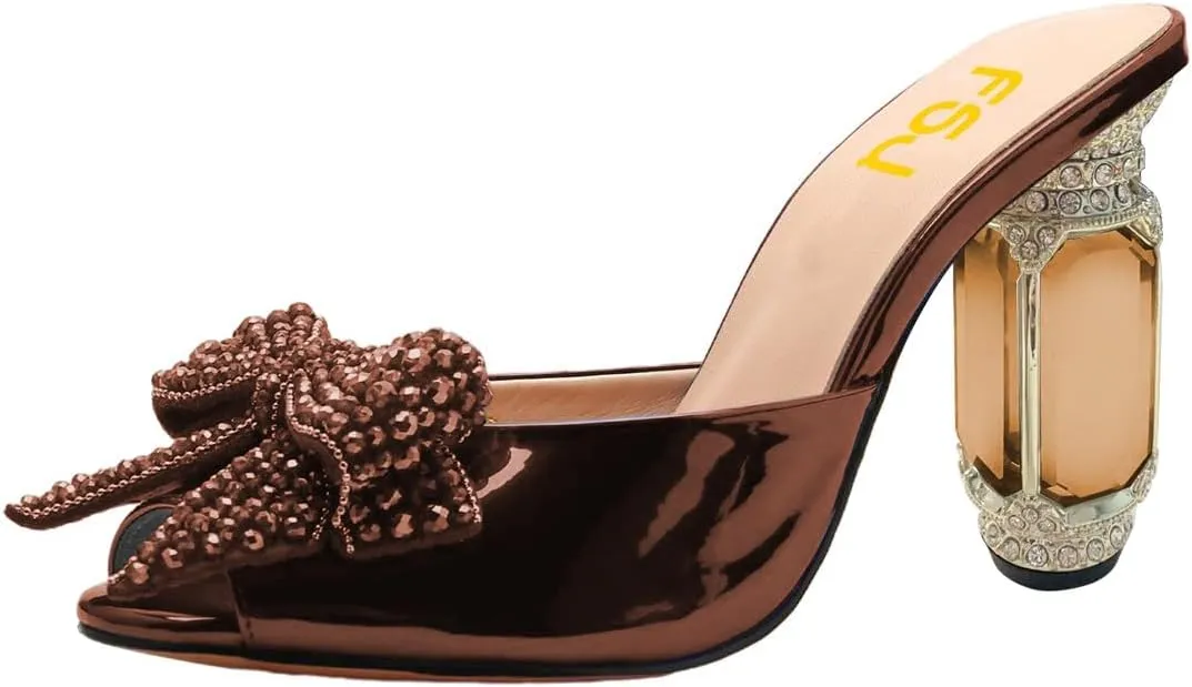 FSJ Women Luxury Crystal Chunky Heeled Mules Rhinestone Bow Peep Toe Slip On Backless Gem Slide Sandals Summer Slipper Shoes Size 4-15 US