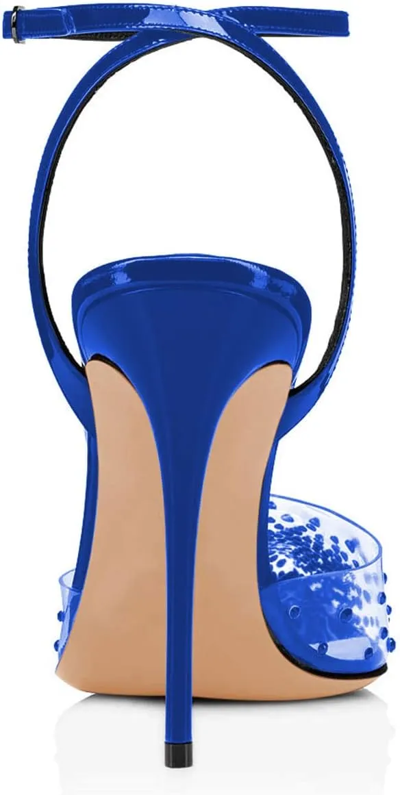 FSJ Women Pencil High Heel Spikes Studded Sandal Slip On D'Orsay Evening Pump Ankle Strap Clear Ballroom Dance Shoe Size 4-15 US