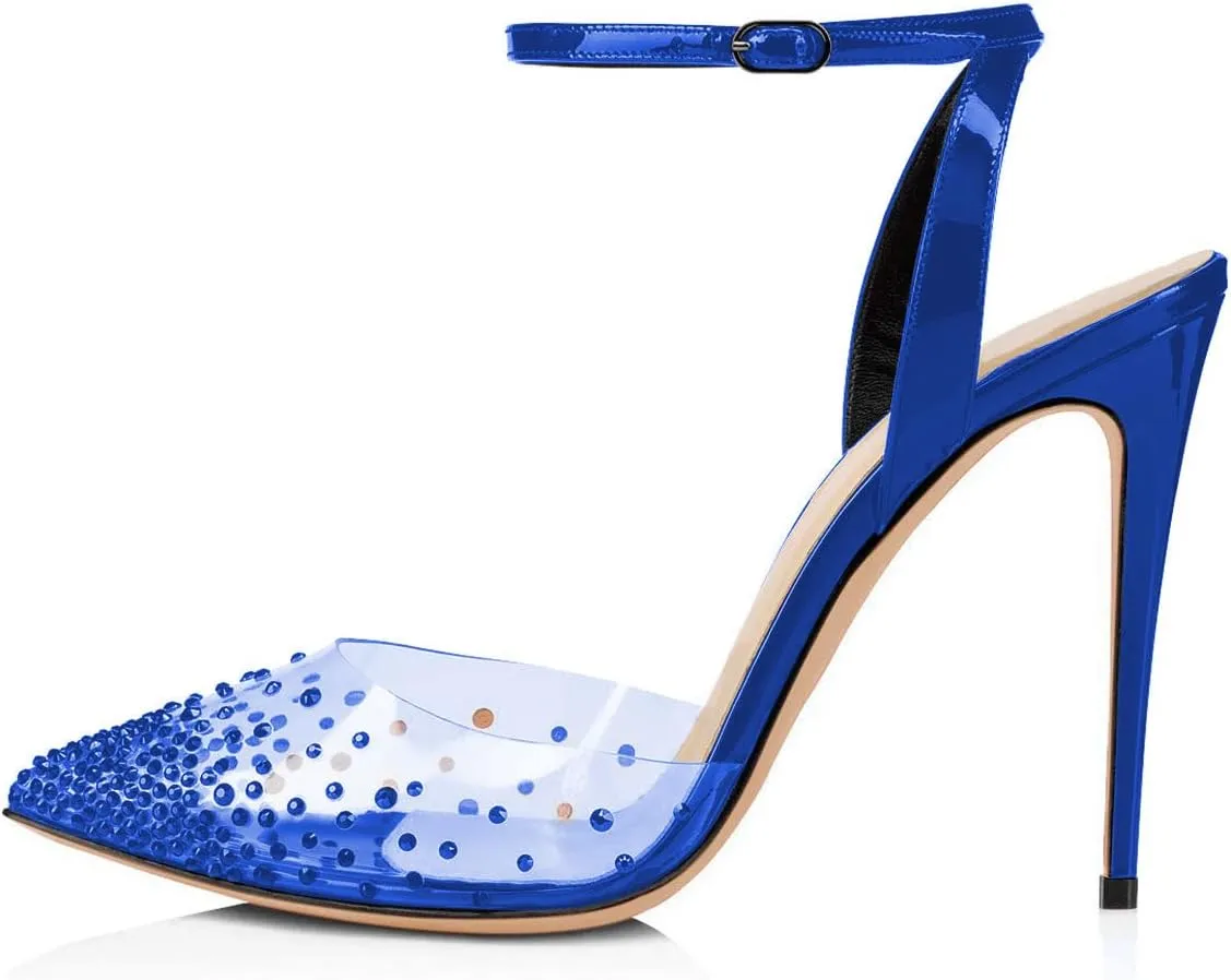 FSJ Women Pencil High Heel Spikes Studded Sandal Slip On D'Orsay Evening Pump Ankle Strap Clear Ballroom Dance Shoe Size 4-15 US