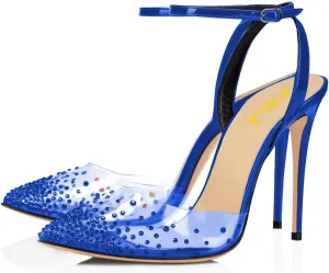 FSJ Women Pencil High Heel Spikes Studded Sandal Slip On D'Orsay Evening Pump Ankle Strap Clear Ballroom Dance Shoe Size 4-15 US