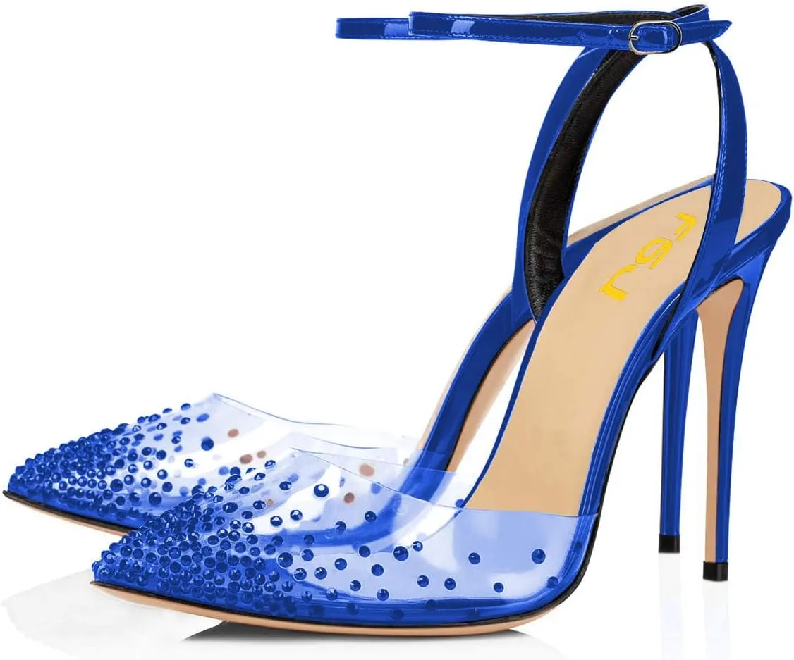 FSJ Women Pencil High Heel Spikes Studded Sandal Slip On D'Orsay Evening Pump Ankle Strap Clear Ballroom Dance Shoe Size 4-15 US
