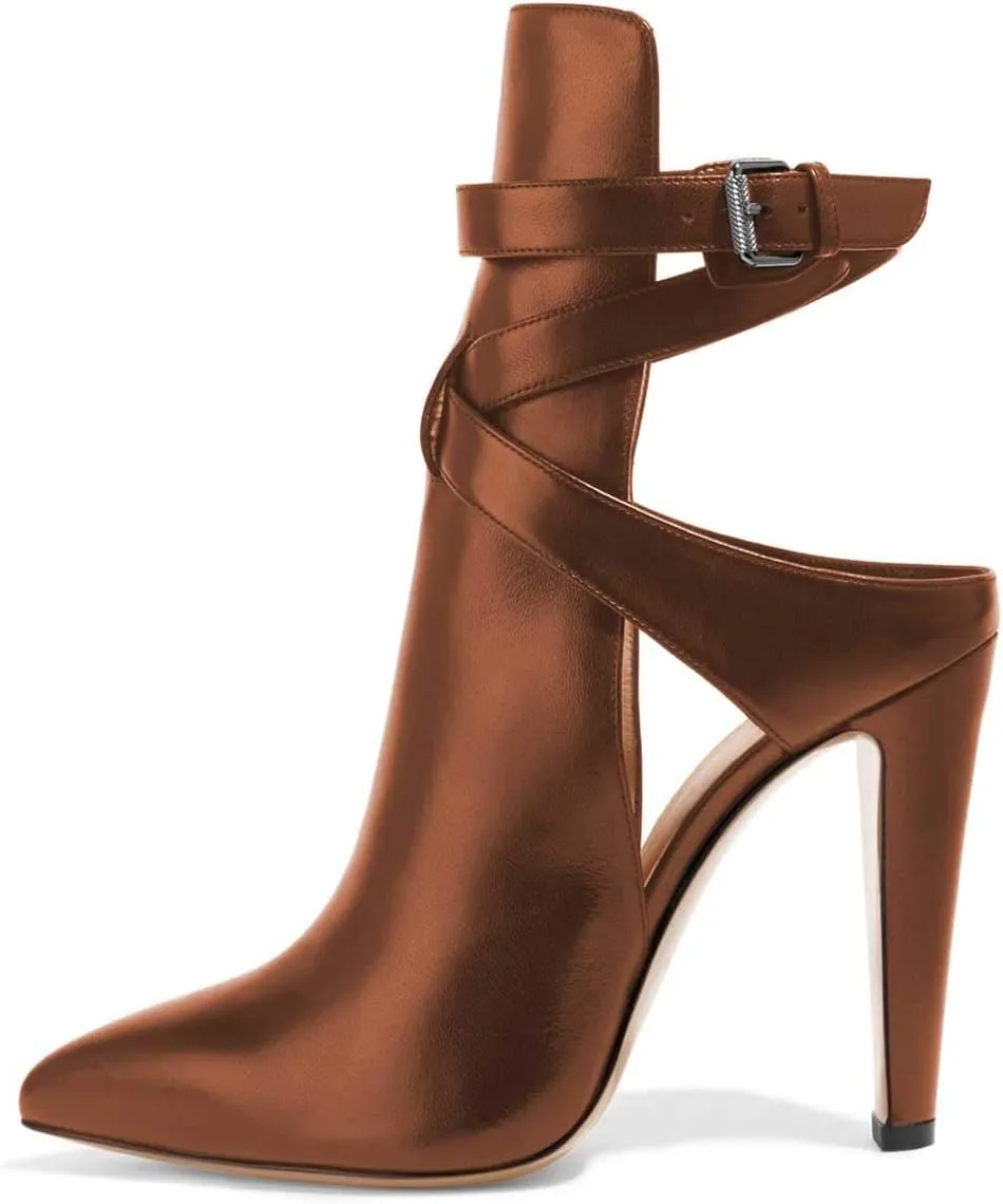 FSJ Women Pointed Toe Chunky High Heel Strappy Dress Bootie Pump Ankle Wrap Slingback Sandal Shoes Size 4-15 M US