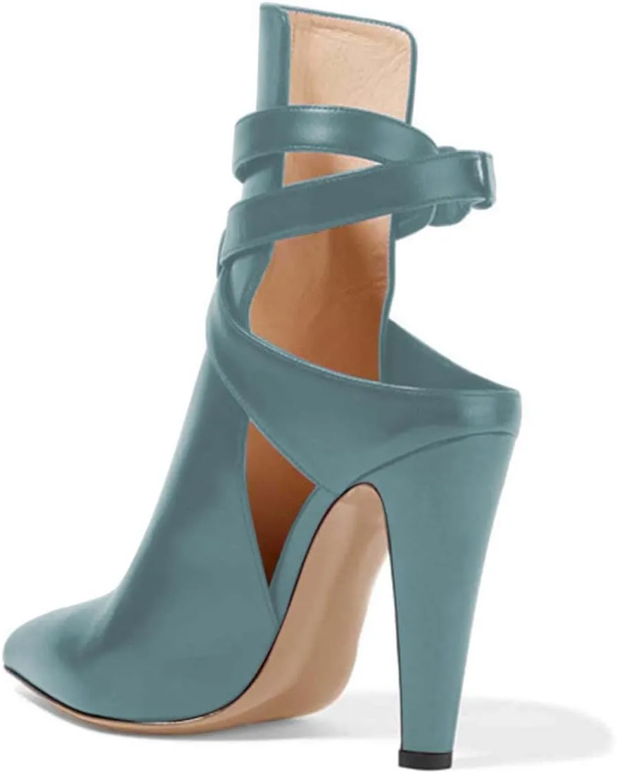 FSJ Women Pointed Toe Chunky High Heel Strappy Dress Bootie Pump Ankle Wrap Slingback Sandal Shoes Size 4-15 M US