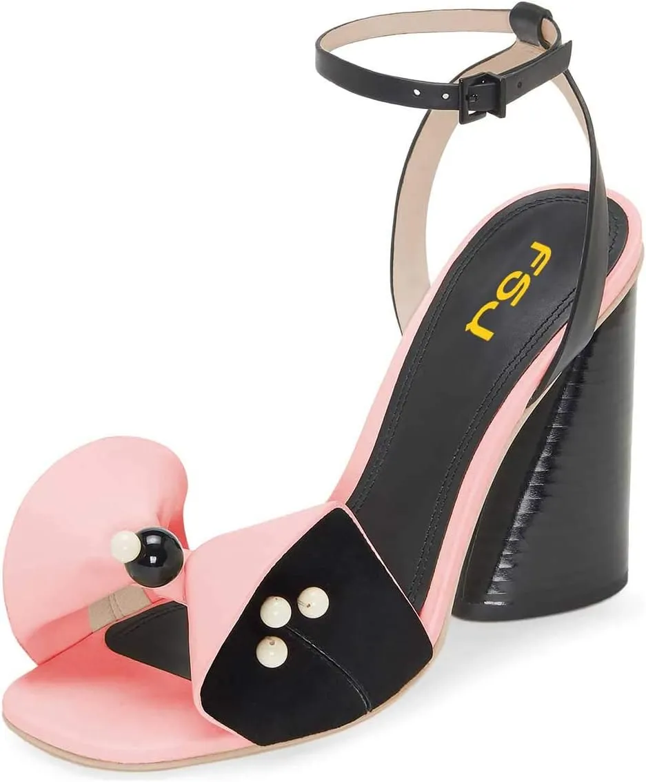 FSJ Women Retro Bowknot Chunky High Heel Sandal Open Toe Pearl Studded Ankle Strap Slingback Bead Wedding Bride Dress Pump Size 4-15 US