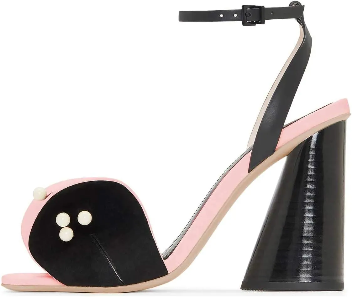 FSJ Women Retro Bowknot Chunky High Heel Sandal Open Toe Pearl Studded Ankle Strap Slingback Bead Wedding Bride Dress Pump Size 4-15 US