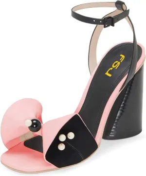 FSJ Women Retro Bowknot Chunky High Heel Sandal Open Toe Pearl Studded Ankle Strap Slingback Bead Wedding Bride Dress Pump Size 4-15 US