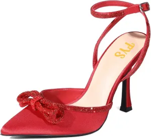 FYS Women's Sparkly Rhinestone Bowknot Slingback Closed Pointed Toe Heeled Sandal Stiletto High Heel Pump Glitter Crystal Ankle Strap Wedding Dress Prom Shoes Size 4-16 US