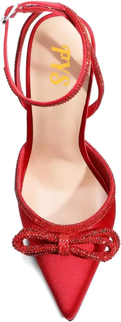 FYS Women's Sparkly Rhinestone Bowknot Slingback Closed Pointed Toe Heeled Sandal Stiletto High Heel Pump Glitter Crystal Ankle Strap Wedding Dress Prom Shoes Size 4-16 US