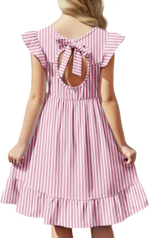 Girls Dress Tie Back Flared Sleeve Ruffle Hem A-Line Sundress Casual Midi Dresses 4-12 Years