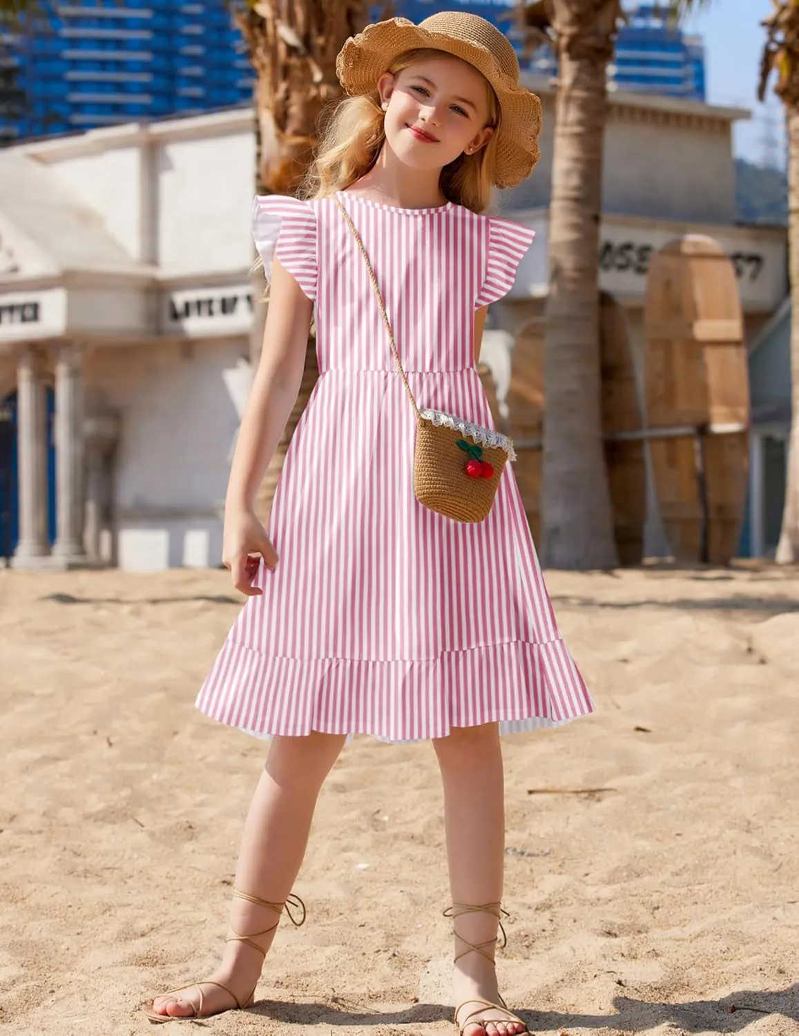 Girls Dress Tie Back Flared Sleeve Ruffle Hem A-Line Sundress Casual Midi Dresses 4-12 Years