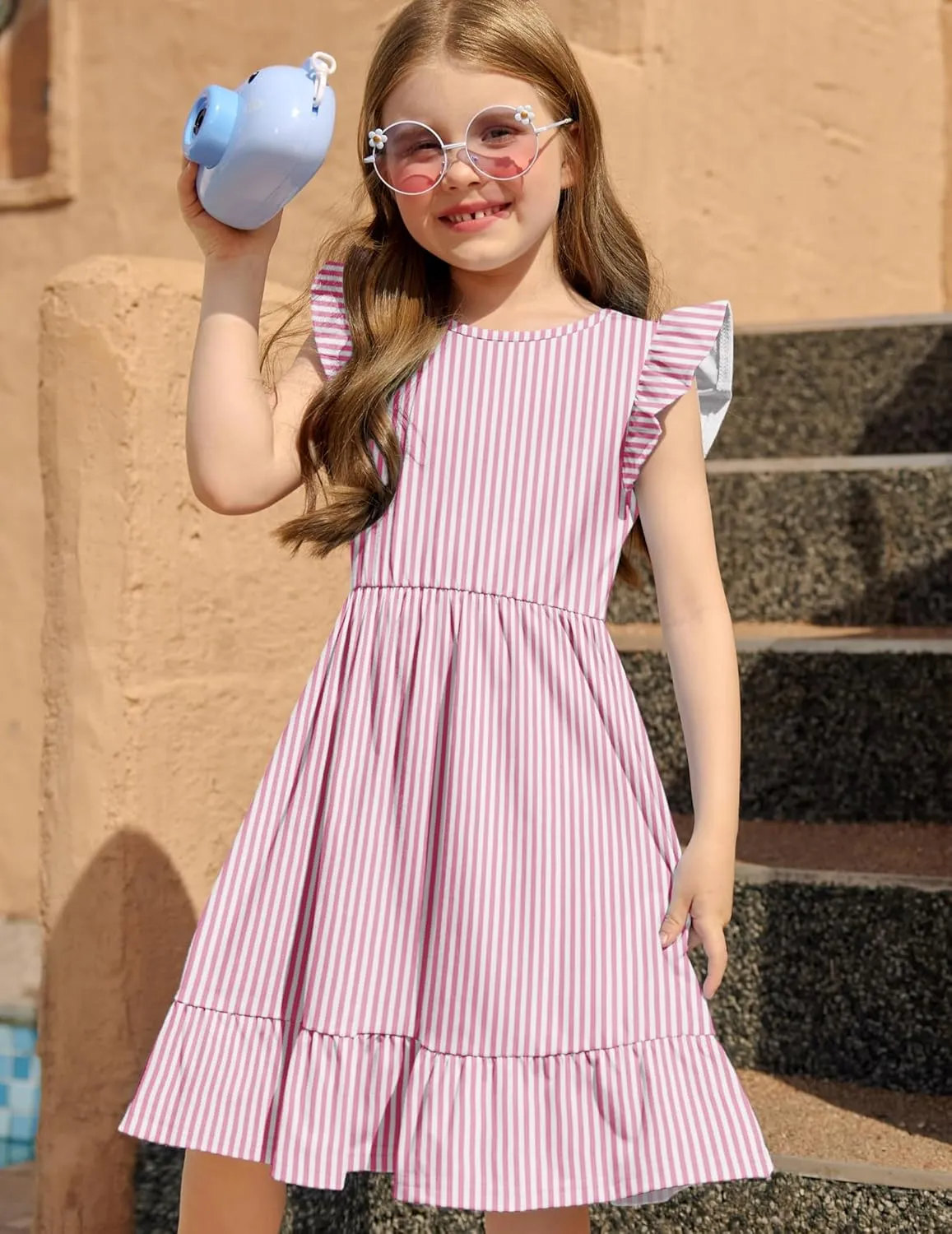 Girls Dress Tie Back Flared Sleeve Ruffle Hem A-Line Sundress Casual Midi Dresses 4-12 Years