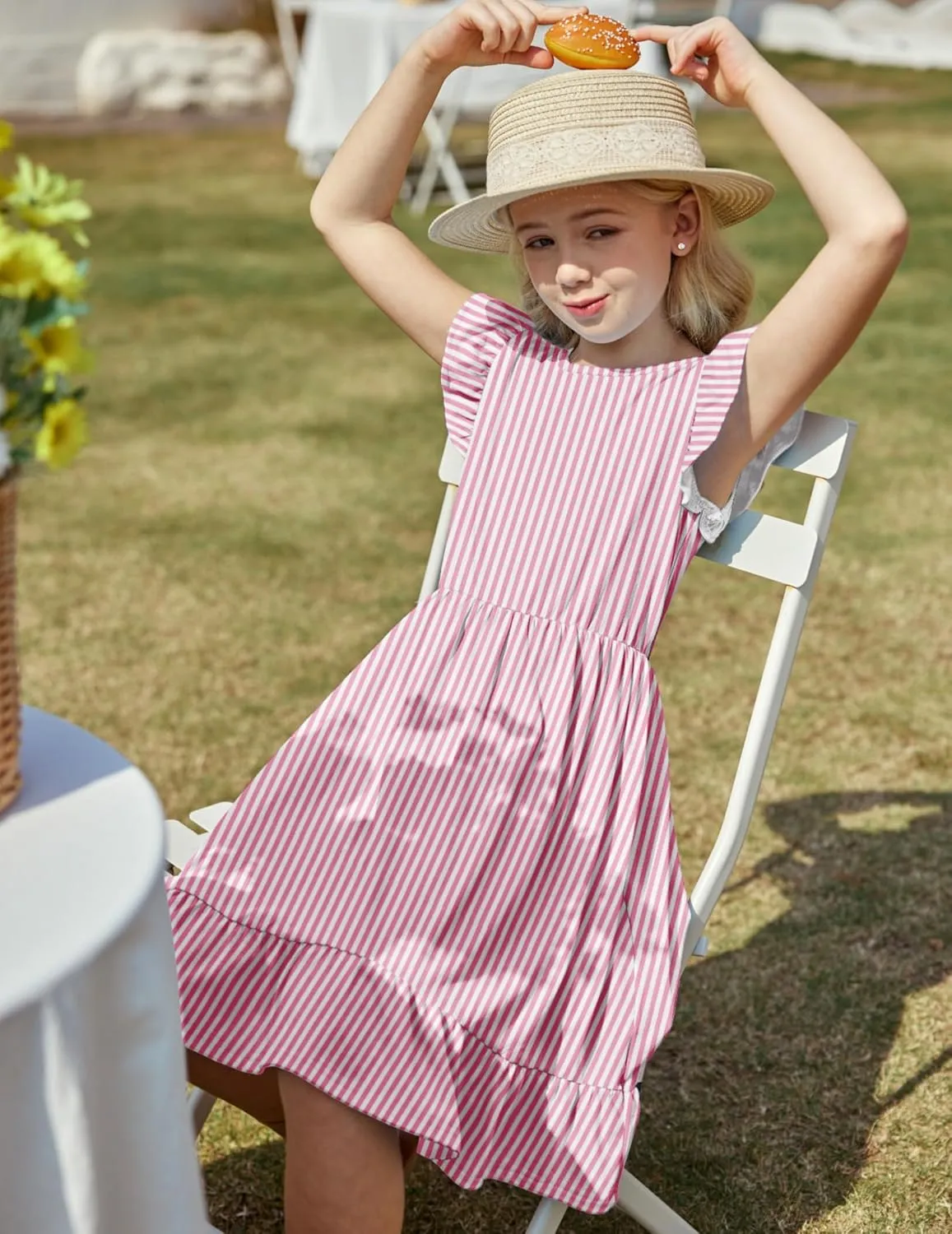 Girls Dress Tie Back Flared Sleeve Ruffle Hem A-Line Sundress Casual Midi Dresses 4-12 Years