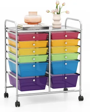 GOFLAME 12-Drawer Rolling Storage Cart, Multipurpose Organizer Cart with 2 Sizes Plastic Drawers, Mobile Utility Cart with Lockable Casters for School, Home Office, Beauty Salon, Multicolored & Clear