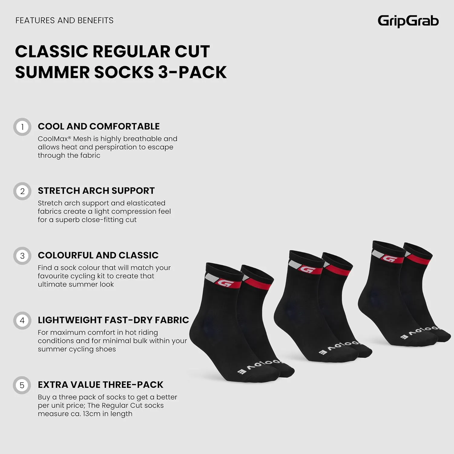 GripGrab Classic Regular Cut Summer Cycling Socks Single & Multipack Bicycle Socks Coolmax Spinning Indoor Cycling Socks