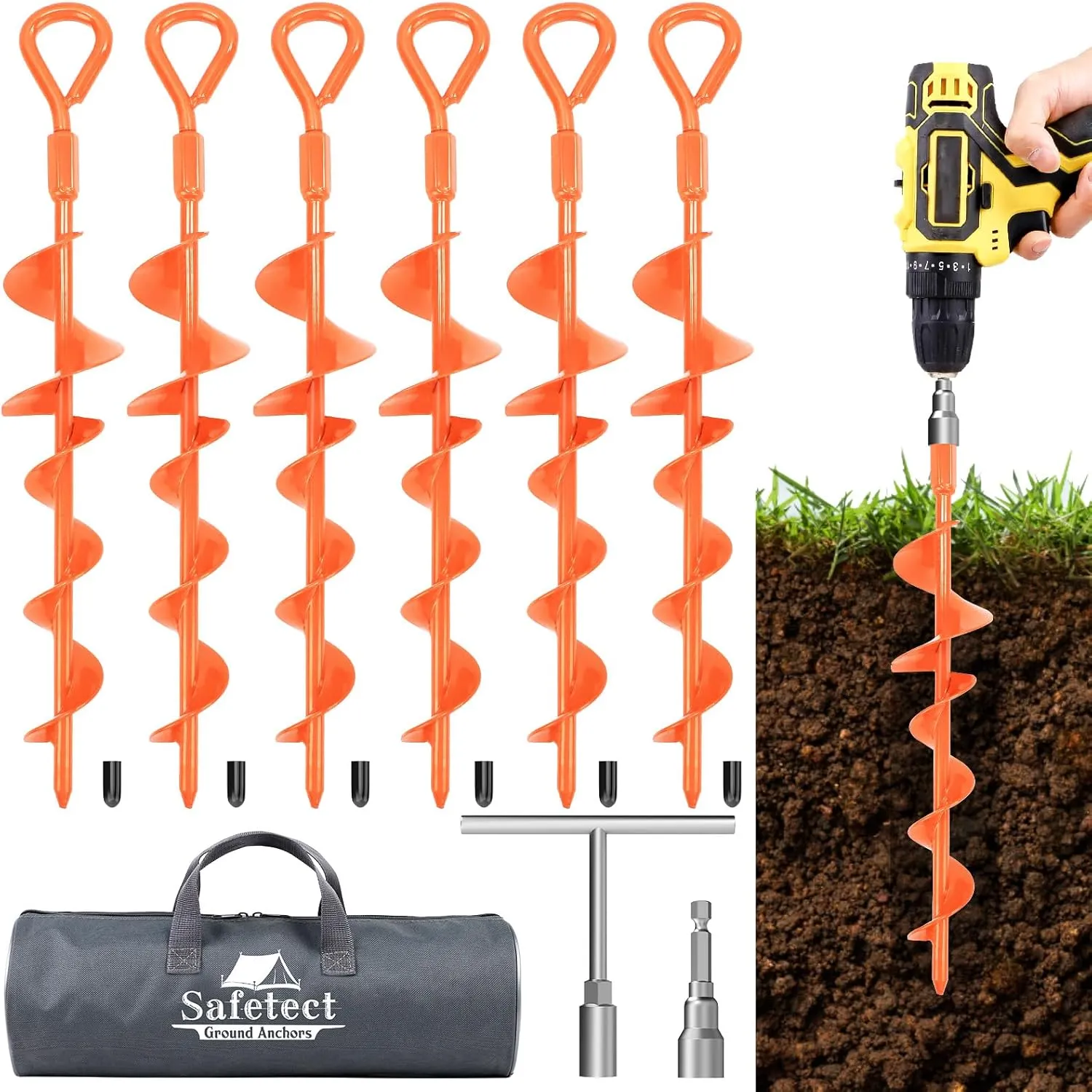 Ground Anchors Screw in 15 Inch, Heavy Duty Earth Anchor Stakes Kit for Trampoline, Camping, Canopies, Tents, Securing Animals, Swing Set Anchors, 6 Pack Tent Stakes