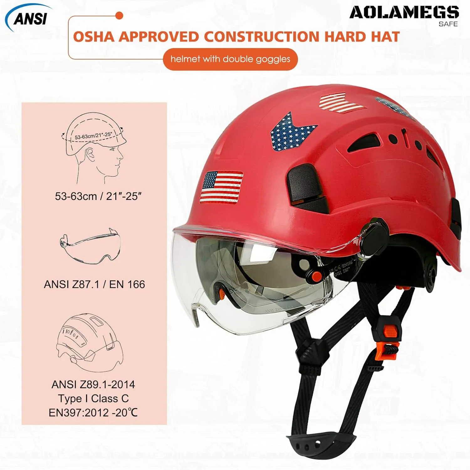 Hard Hats Construction OSHA Approved With Double Visor - Cascos De Construccion Vented Hard Hat With Clear and Tinted Visor Construction Safety Helmet Hat With Chin Straps 6pt Suspension