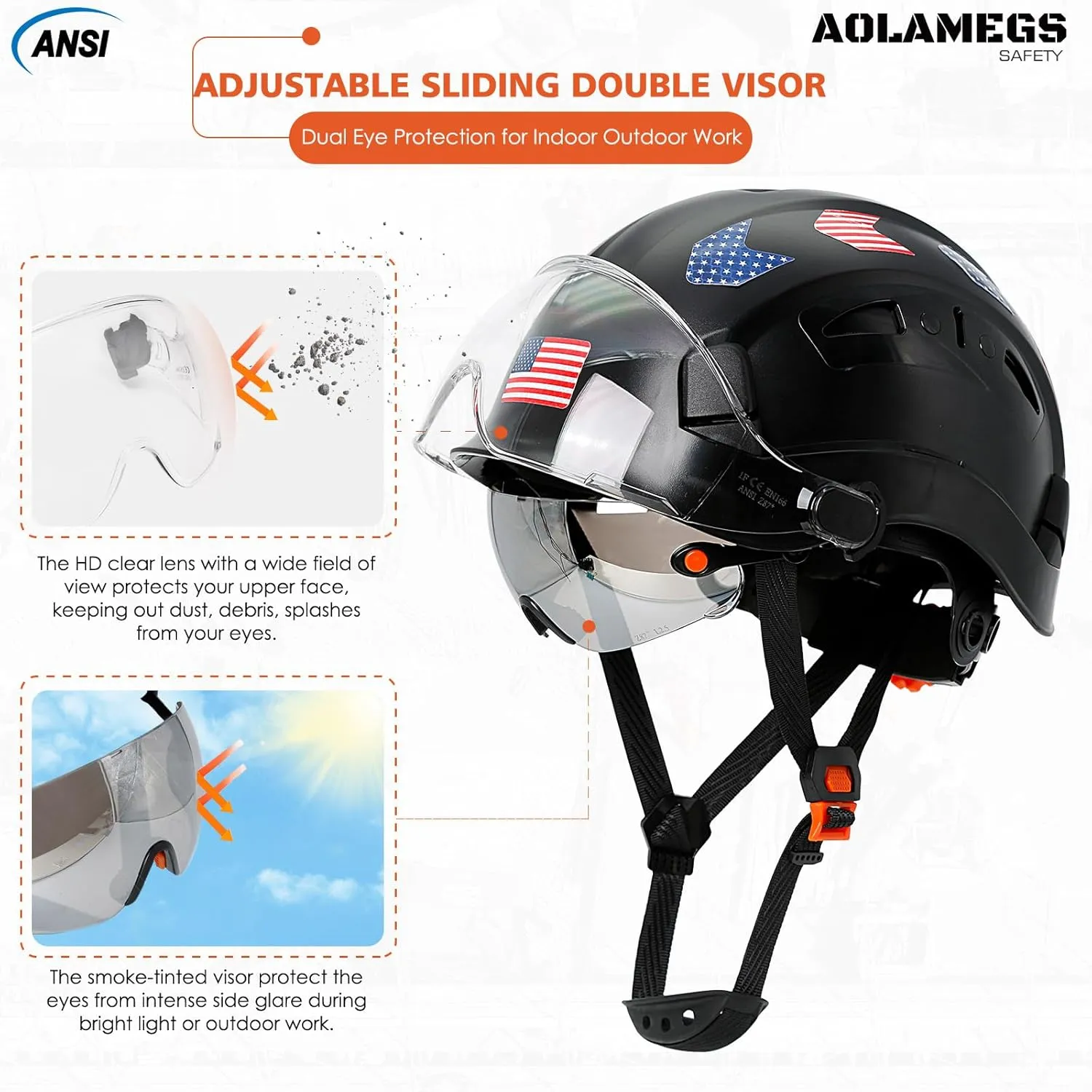 Hard Hats Construction OSHA Approved With Double Visor - Cascos De Construccion Vented Hard Hat With Clear and Tinted Visor Construction Safety Helmet Hat With Chin Straps 6pt Suspension