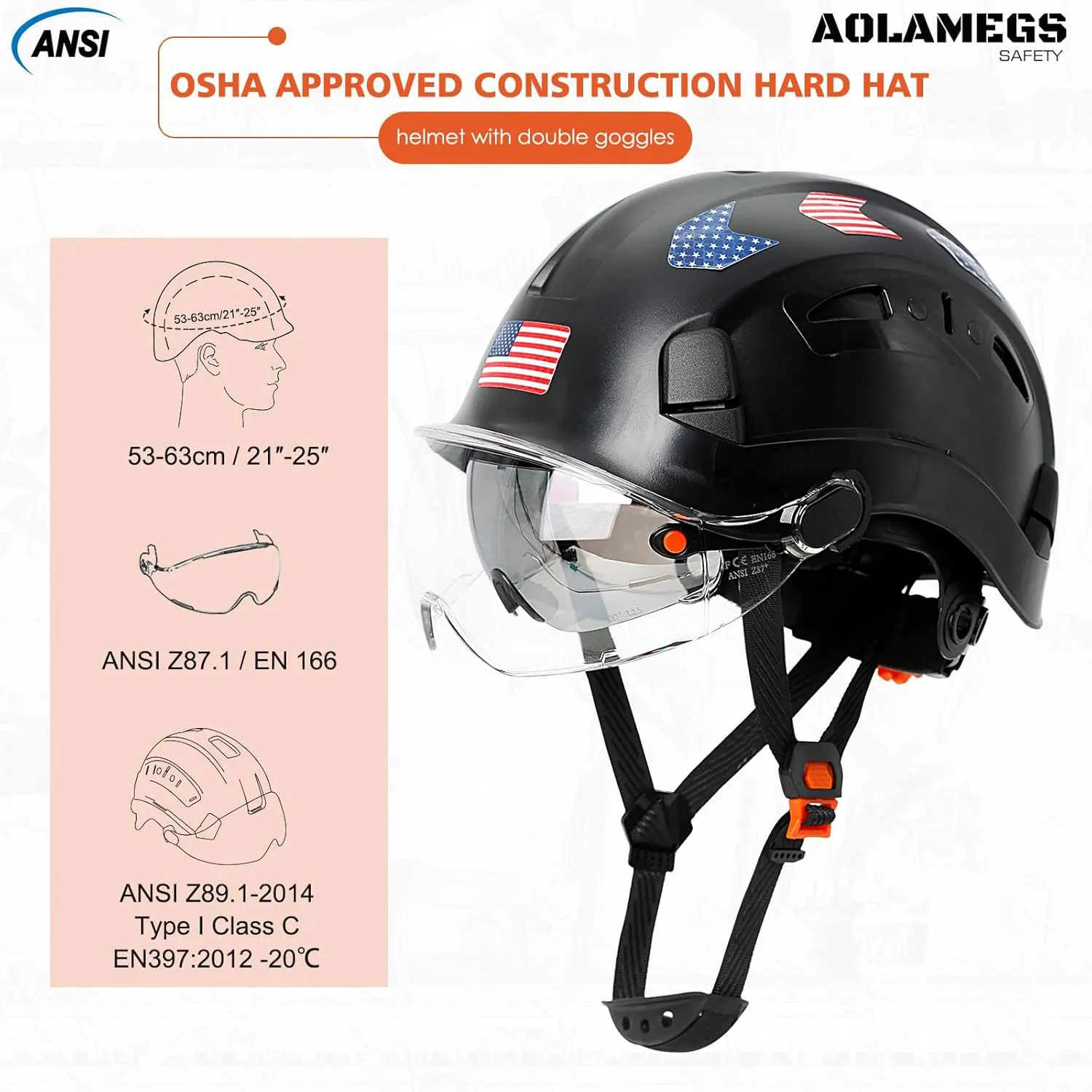 Hard Hats Construction OSHA Approved With Double Visor - Cascos De Construccion Vented Hard Hat With Clear and Tinted Visor Construction Safety Helmet Hat With Chin Straps 6pt Suspension