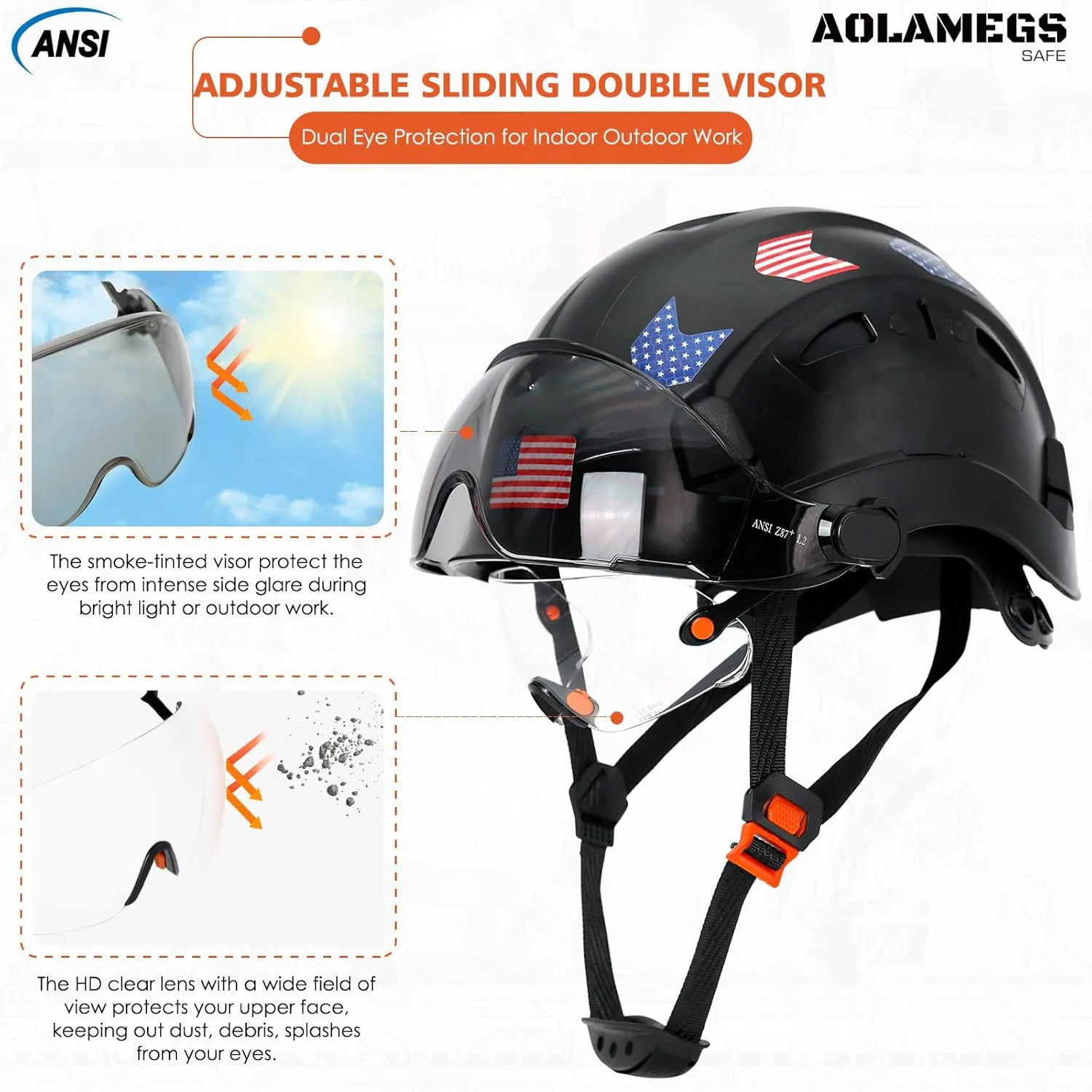 Hard Hats Construction OSHA Approved With Double Visor - Cascos De Construccion Vented Hard Hat With Clear and Tinted Visor Construction Safety Helmet Hat With Chin Straps 6pt Suspension