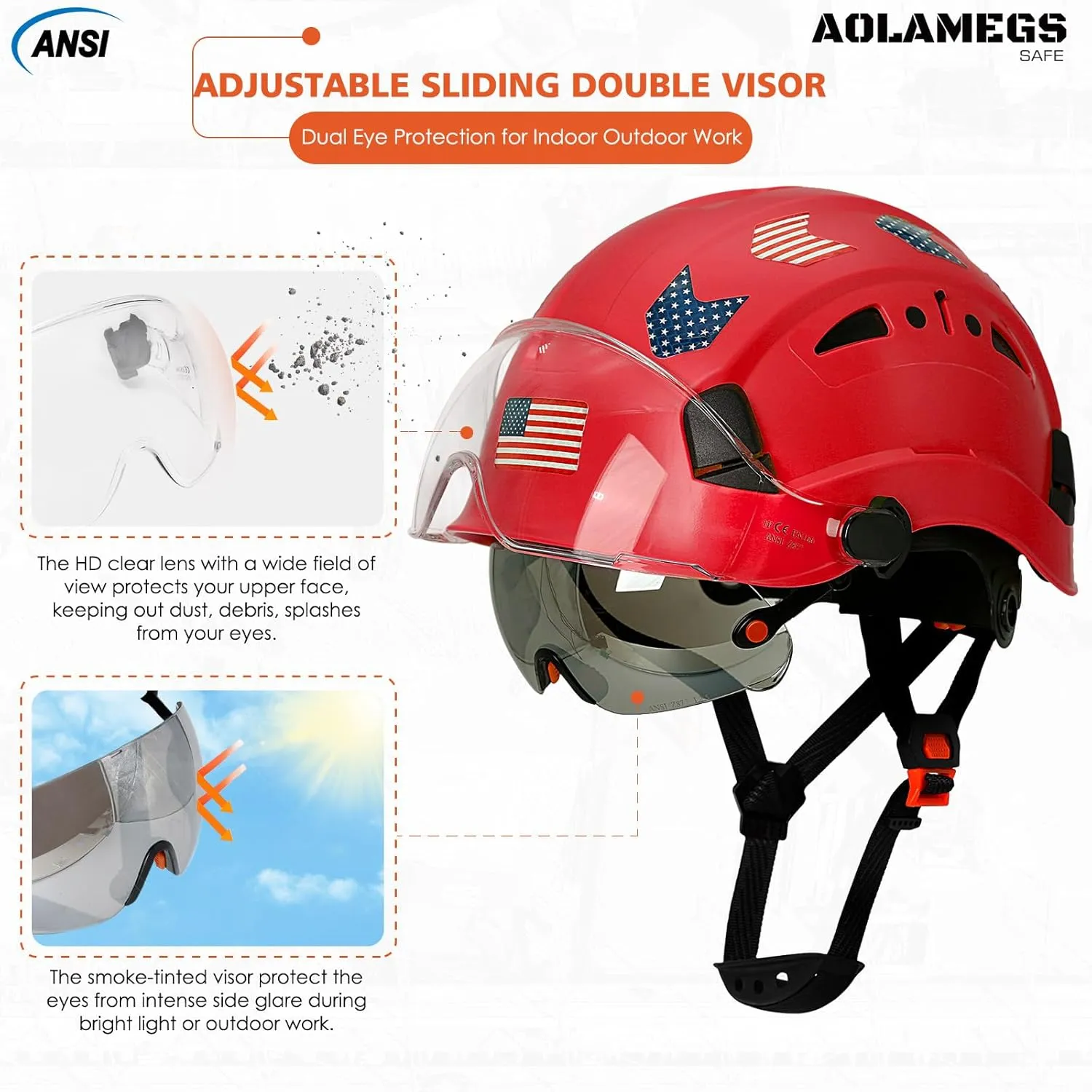 Hard Hats Construction OSHA Approved With Double Visor - Cascos De Construccion Vented Hard Hat With Clear and Tinted Visor Construction Safety Helmet Hat With Chin Straps 6pt Suspension