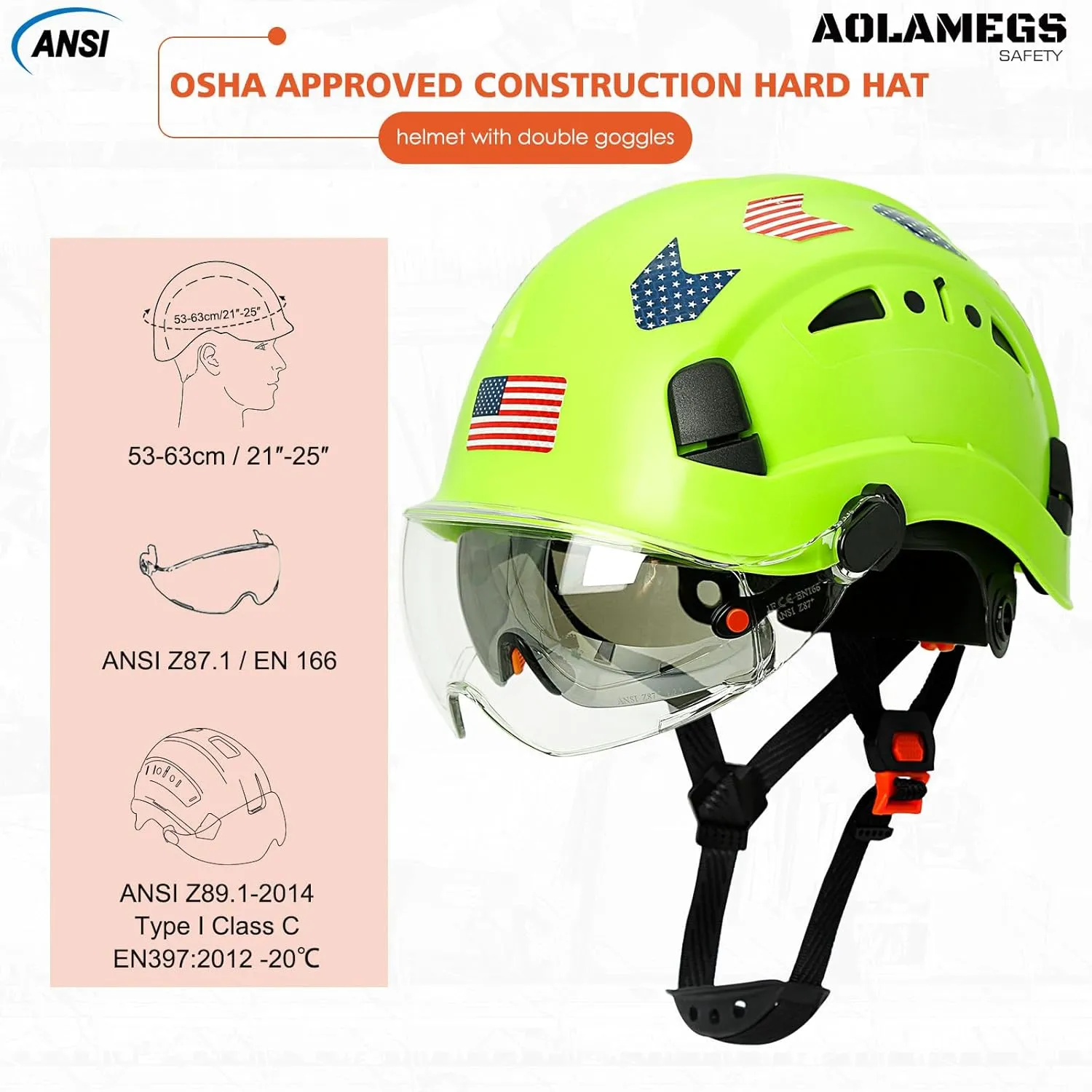 Hard Hats Construction OSHA Approved With Double Visor - Cascos De Construccion Vented Hard Hat With Clear and Tinted Visor Construction Safety Helmet Hat With Chin Straps 6pt Suspension