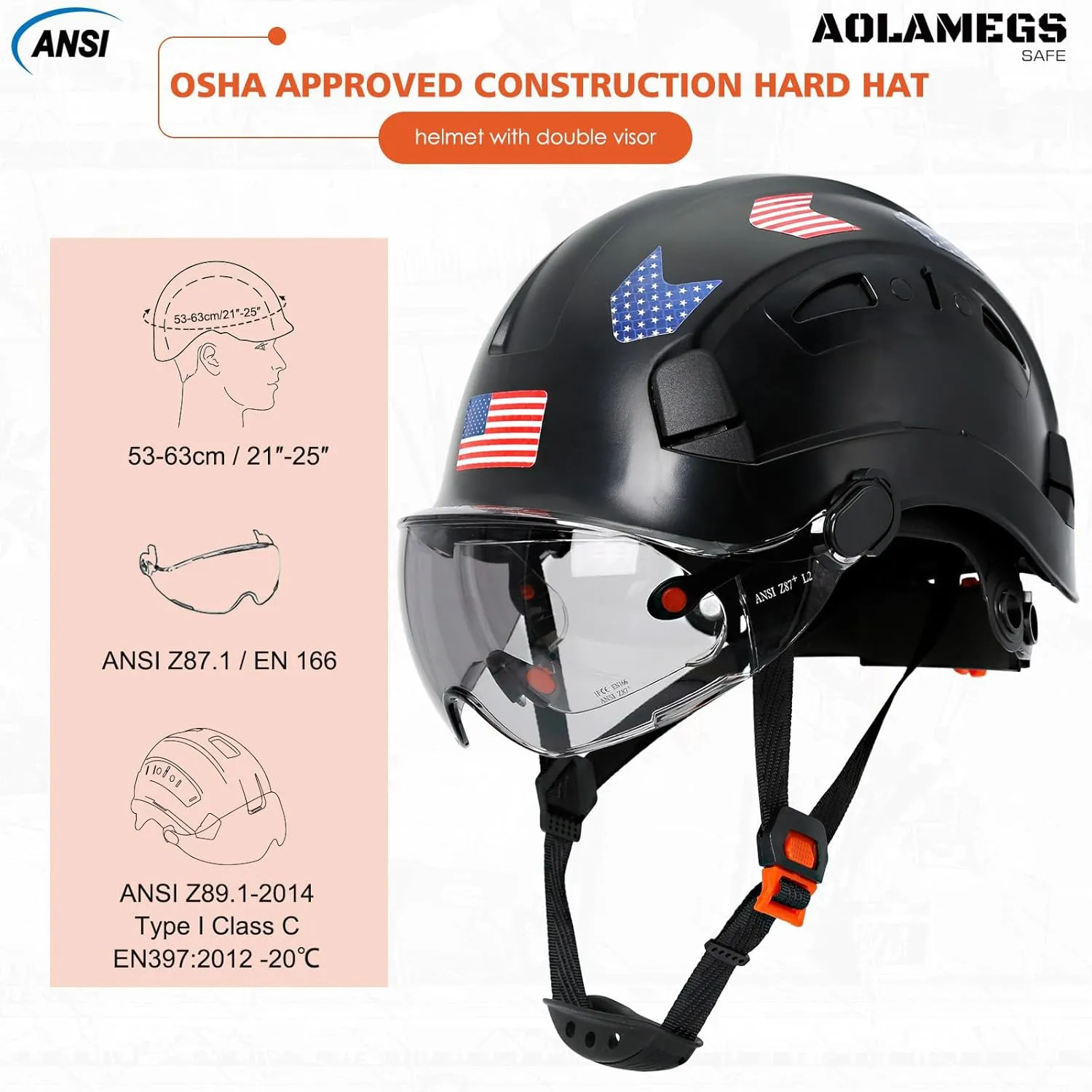 Hard Hats Construction OSHA Approved With Double Visor - Cascos De Construccion Vented Hard Hat With Clear and Tinted Visor Construction Safety Helmet Hat With Chin Straps 6pt Suspension